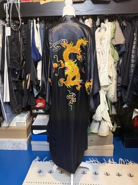 Black Satin Dragon Embroidered Kimono Robe